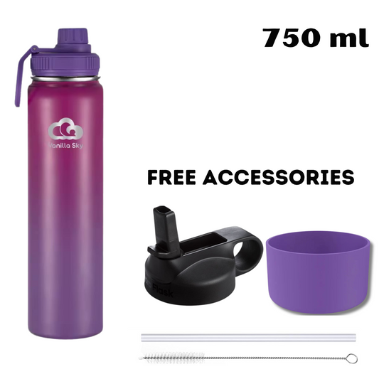 750 ml Stainless Steel Insulated Bottle – Leak-Proof, Double wall with additional Straw Lid, Brush & Silicone Boot