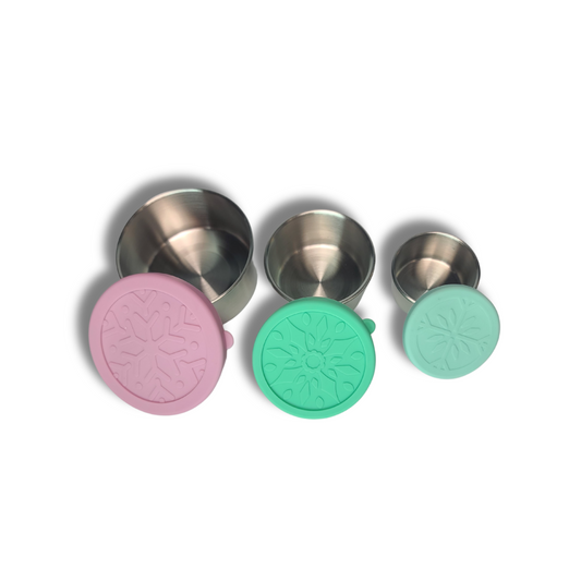 Dip & Go Stainless Steel Snack Pots – 3 Sizes with Leakproof Silicone Lids