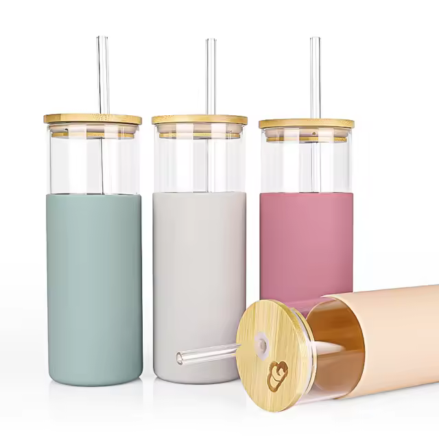 Glass Cup with Sleeve – Includes Stainless Steel & Glass Straws - 500 ml