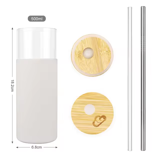 Glass Cup with Sleeve – Includes Stainless Steel & Glass Straws - 500 ml