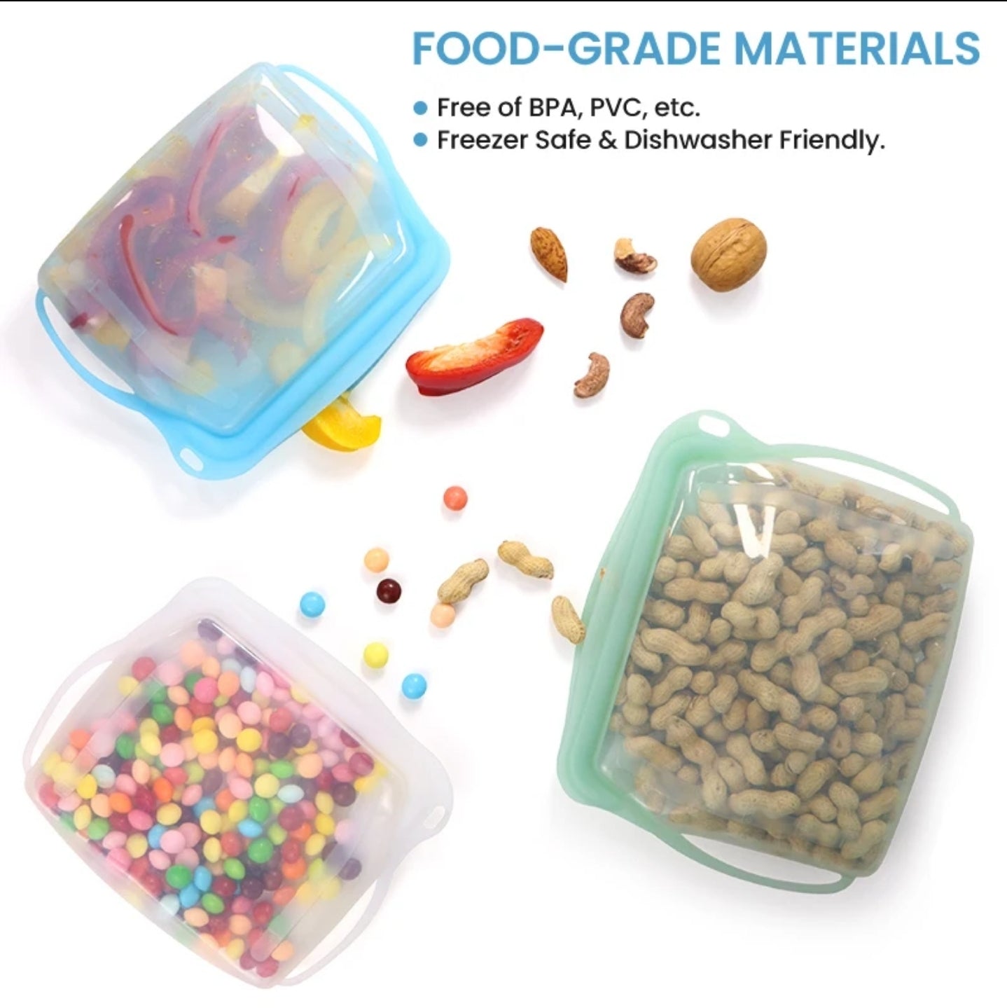 Food-Grade Silicone Reusable Leakproof Food Storage Bag 1000ml or 1500ml or 500ml