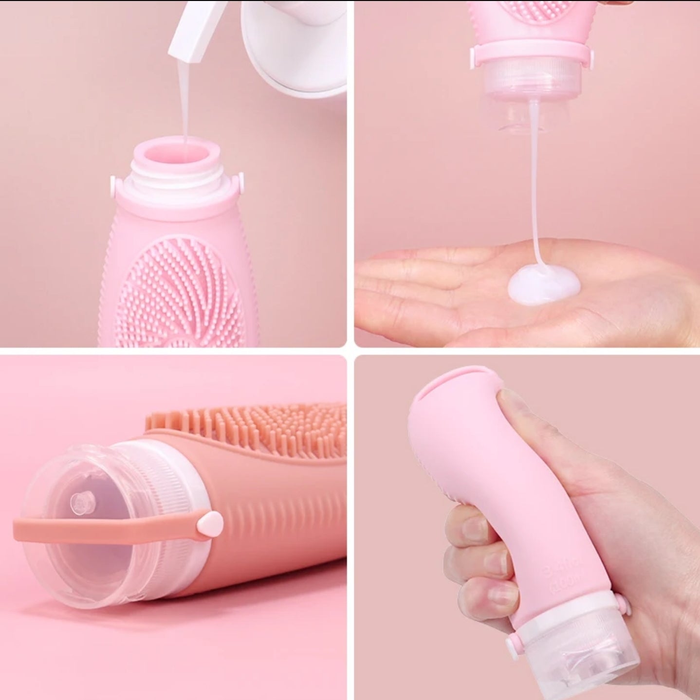 Set of 3 Portable Travel Bottles with Built-In Body scrub pattern - Leakproof Silicone, 100ml, Green, Blue, Pink