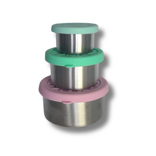 Dip & Go Stainless Steel Snack Pots – 3 Sizes with Leakproof Silicone Lids