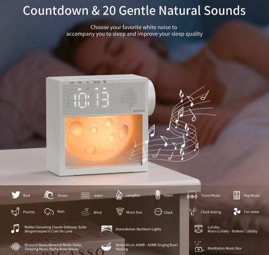 5-in-1 Multifunctional White Noise Bedside Clock – Smart Moon Wake-Up Light, Dual Alarm, 20 Natural Sounds Sleep Machine & Dimmable Ambiance Lamp