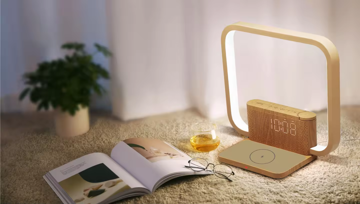 Wireless Charger Lamp with White Noise, Wake-Up Light & Dual Alarm Clock - 3 in 1