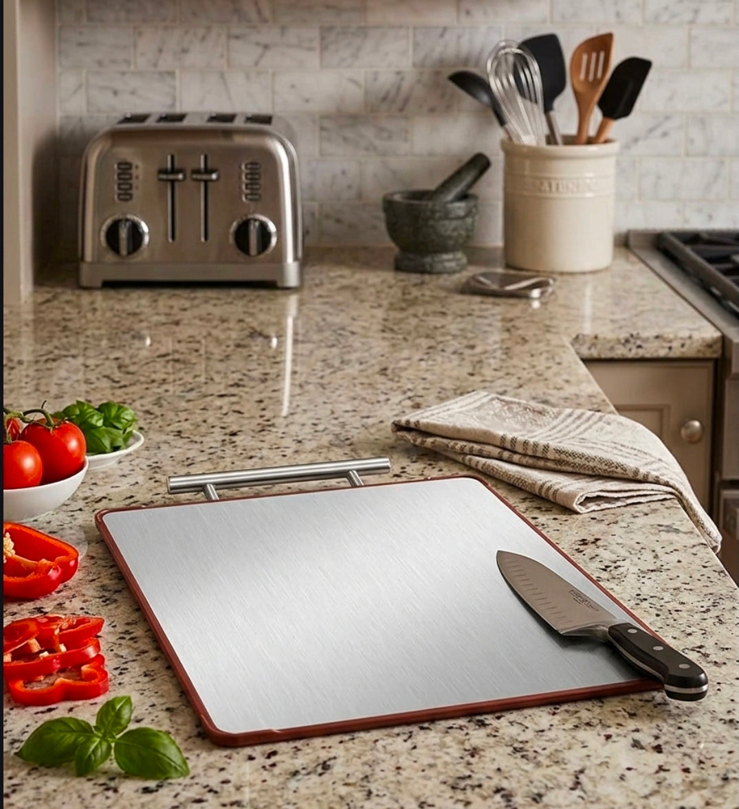 Reversible Premium Dual-Sided 304 Stainless Steel & Sapele Wood Cutting Board (39X28cmX1.8cm)