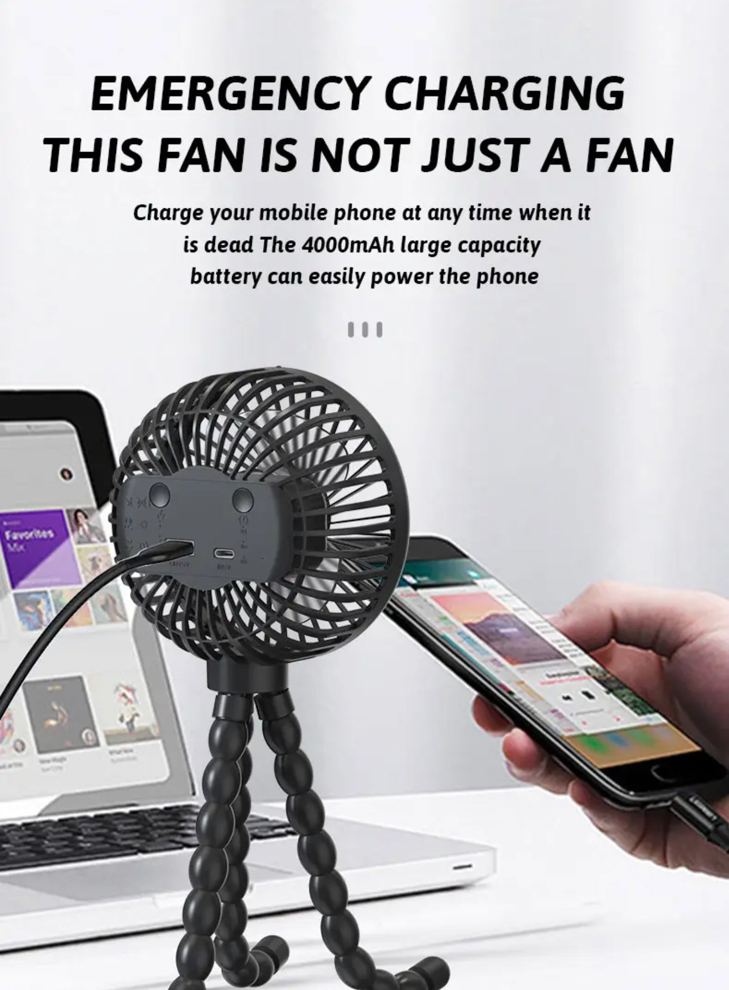 Mini Portable multipurpose Fan – USB Rechargeable, 4000mAh, Emergency Powerbank, Speeds, Flexible Tripod | Handheld, Desktop & Outdoor Use