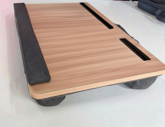 Beige Wood Lap Desk – Cushioned, Slots & Non-Slip Gear
