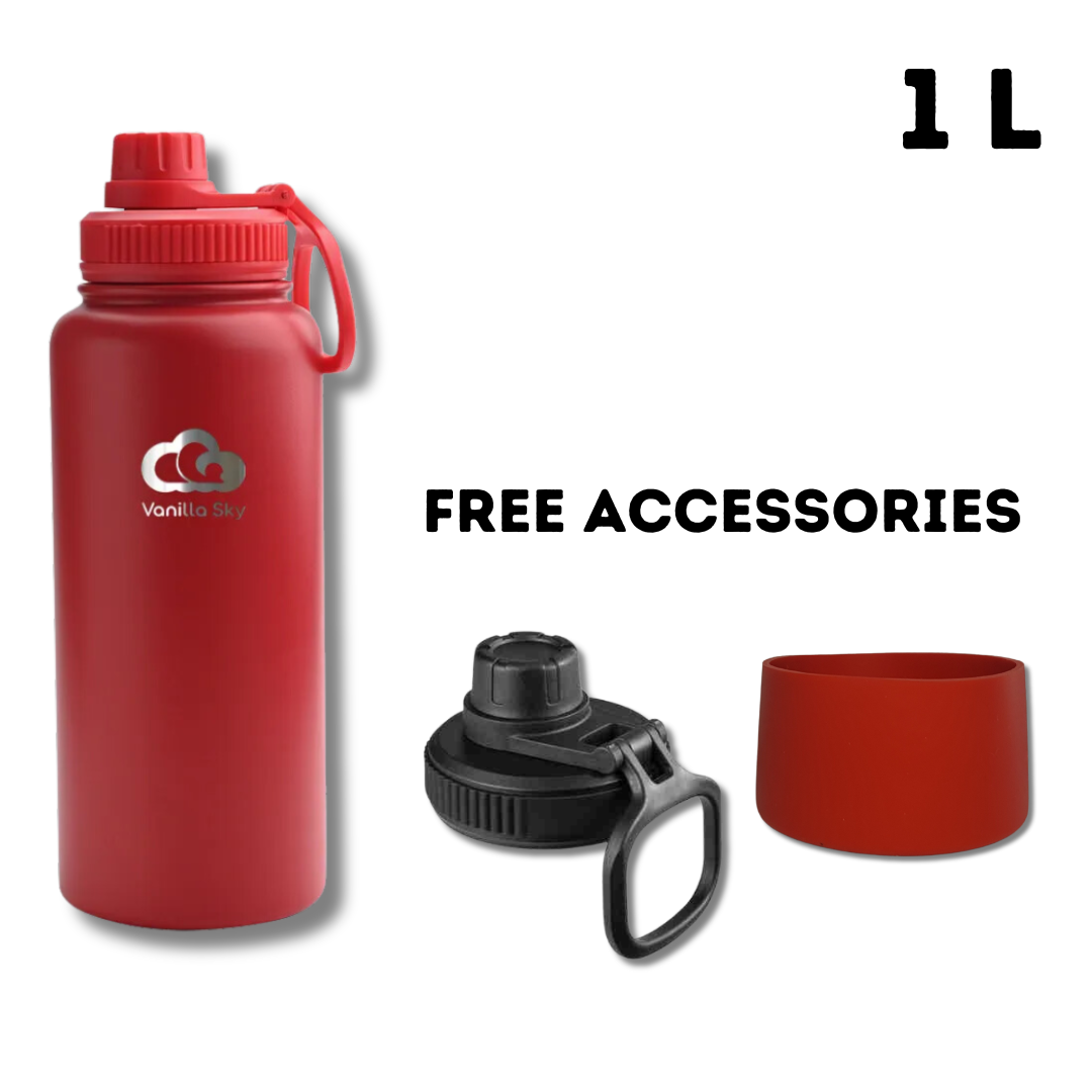 1L Insulated Stainless Steel Bottle - 2 Lids & Silicone Boot Included