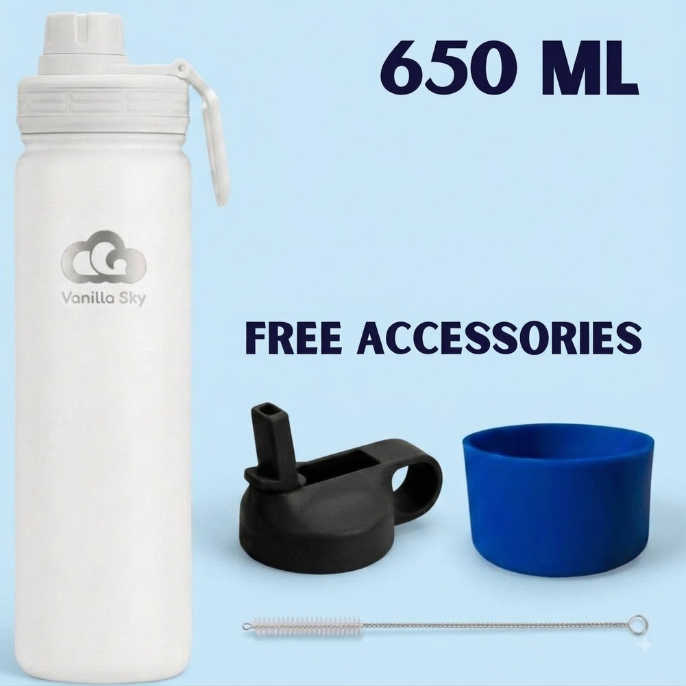 650 ml (22 oz) Insulated Water Bottle – 2 Lids + Silicone Boot