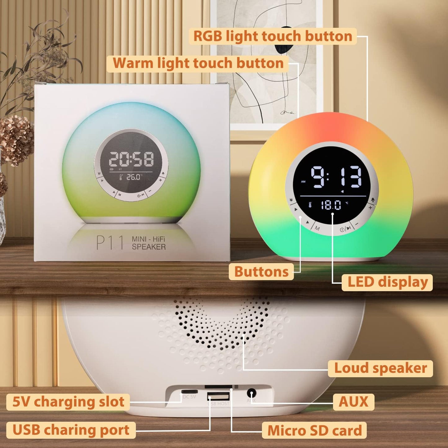 3-in-1 Night Light Clock with Bluetooth Speaker