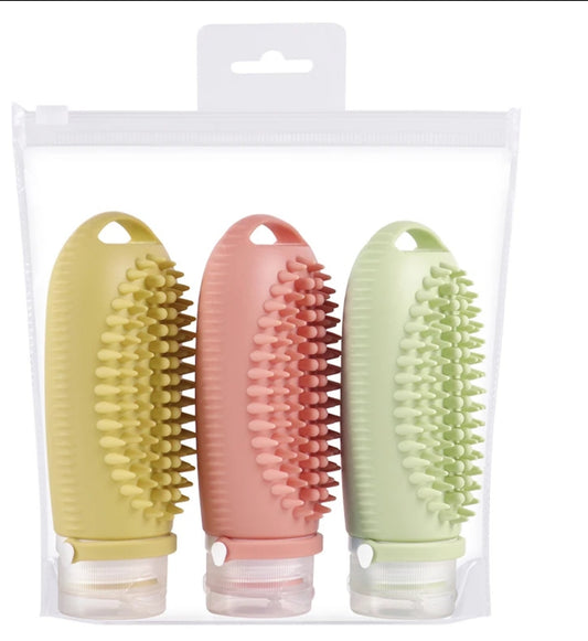 Set of 3 Travel Bottles with Built-In Brush - Leakproof Silicone, 100ml, Green, Blue, Pink