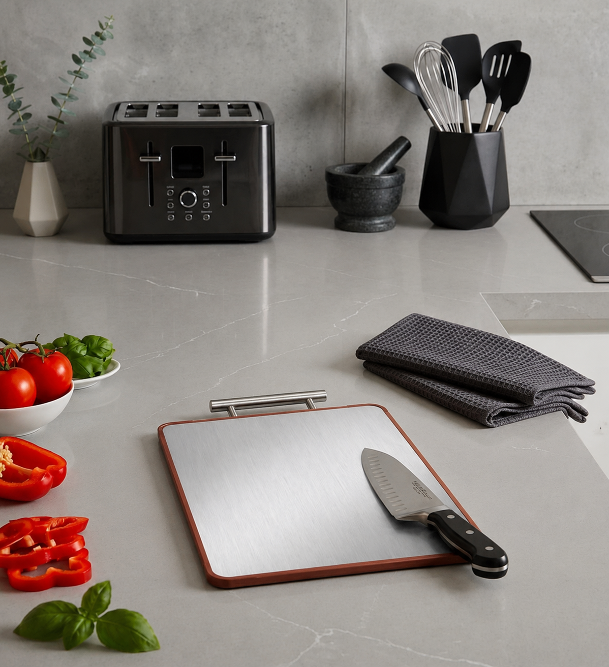 Premium Reversible 304 Stainless Steel & Sapele Wood Cutting Board (39 × 28 × 1.8 cm)