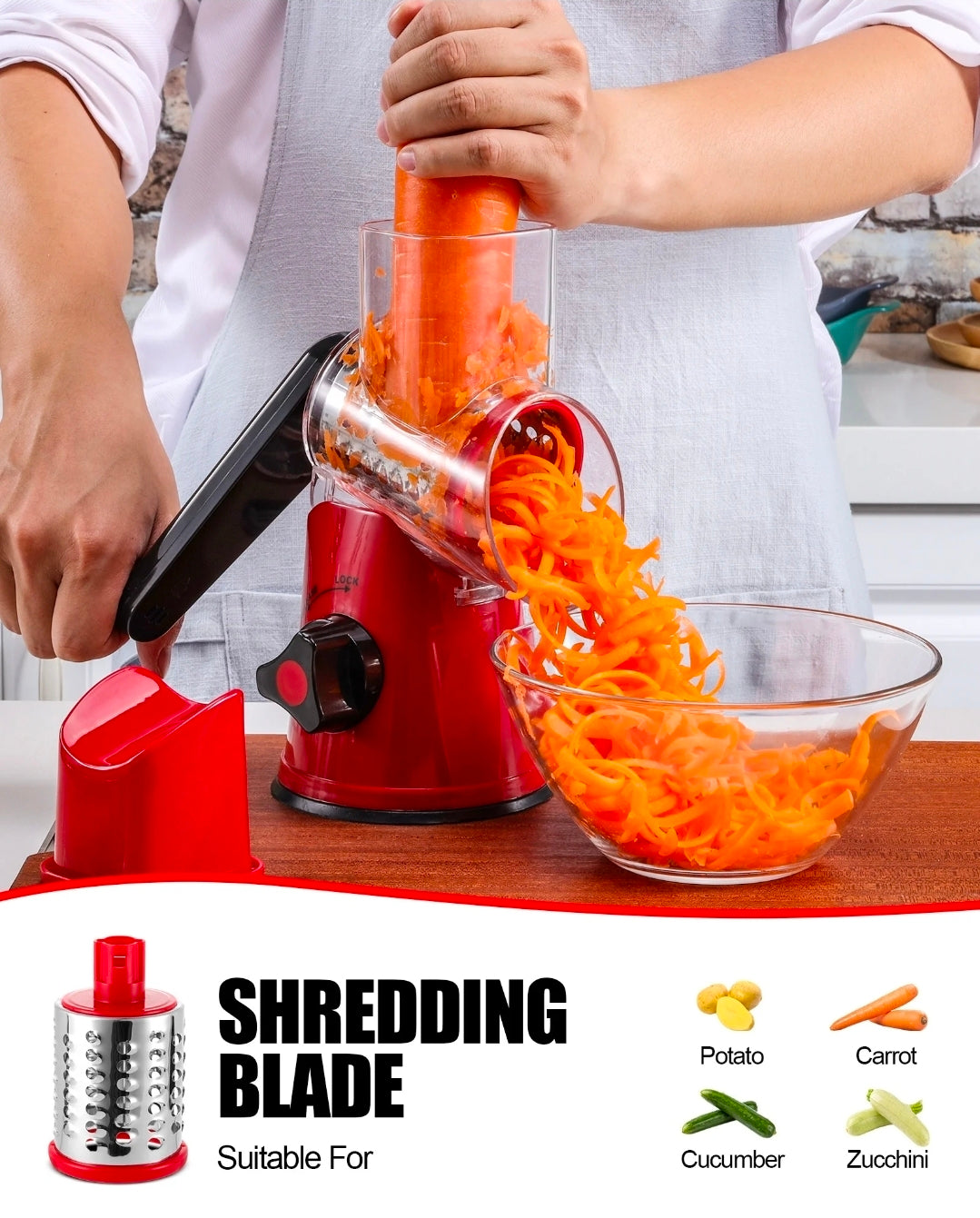 3-in-1 Rotary Cheese Grater & Slicer | 2.6" Wide Chute Veggie Cutter