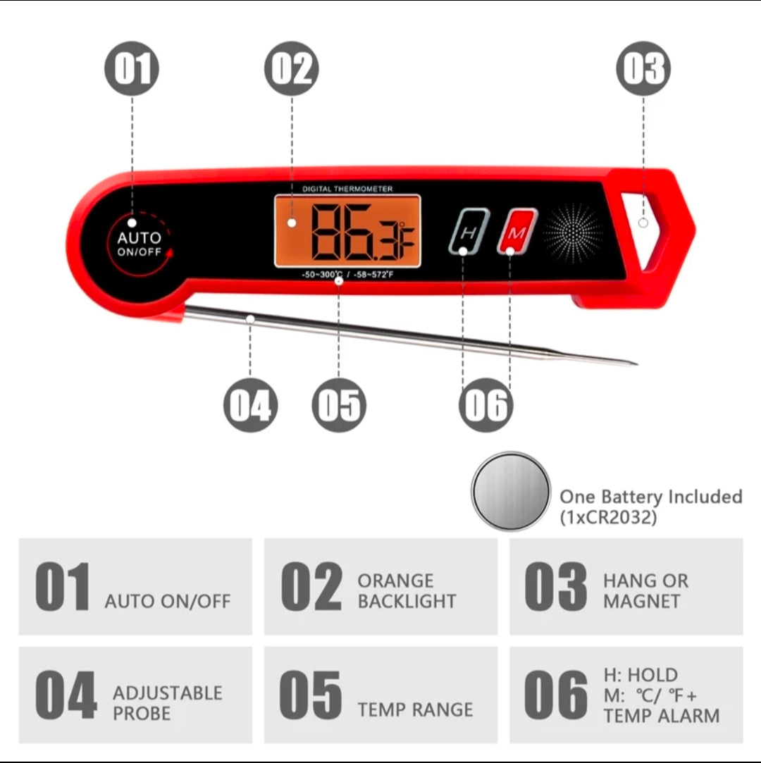 Waterproof Digital Meat Thermometer - Premium SS304 Fast 3s Instant Read Foldable Food Thermometer with Backlight & Alarm