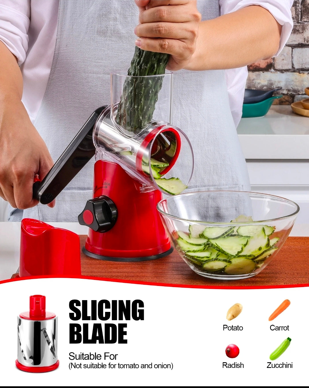 3-in-1 Rotary Cheese Grater & Slicer | 2.6" Wide Chute Veggie Cutter