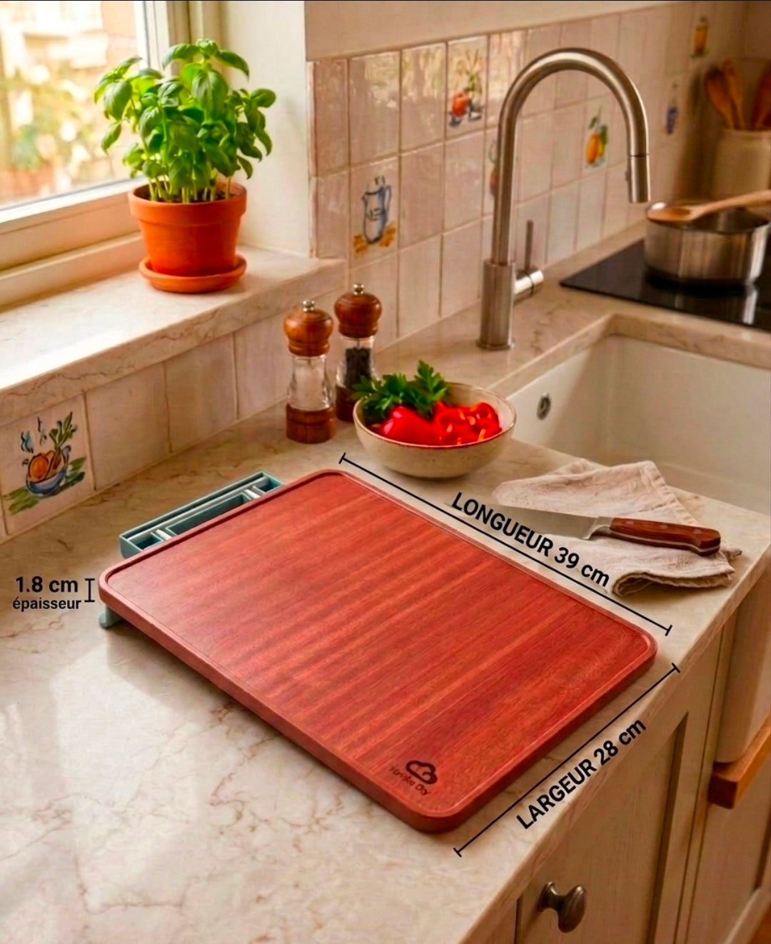 Reversible Premium Dual-Sided 304 Stainless Steel & Sapele Wood Cutting Board (39X28cmX1.8cm)