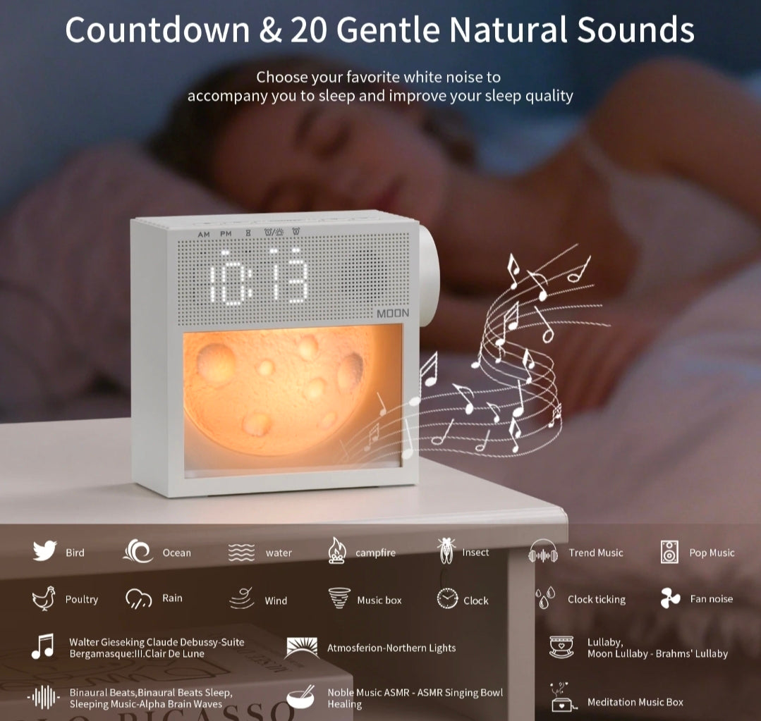 5-in-1 Multifunctional White Noise Bedside Clock – Smart Moon Wake-Up Light, Dual Alarm, 20 Natural Sounds Sleep Machine & Dimmable Ambiance Lamp