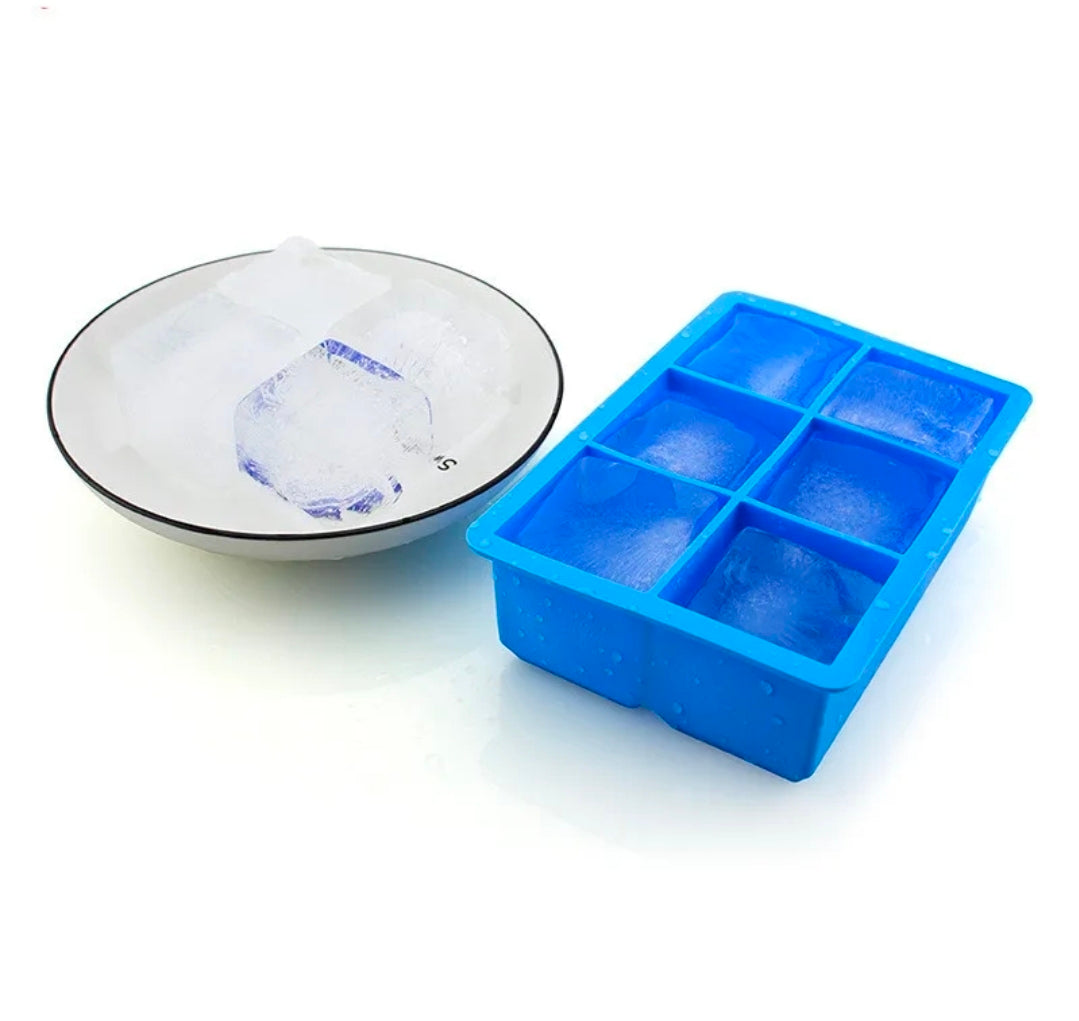 Premium 6-Grid Large Square Silicone Ice Cube Tray | Jumbo Ice Maker (Blue)