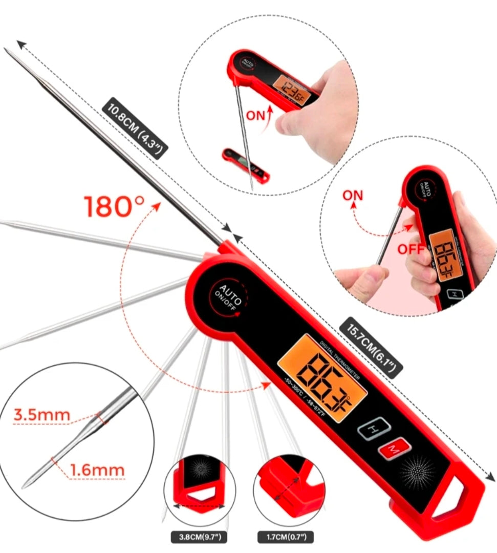 Waterproof Digital Meat Thermometer - Premium SS304 Fast 3s Instant Read Foldable Food Thermometer with Backlight & Alarm