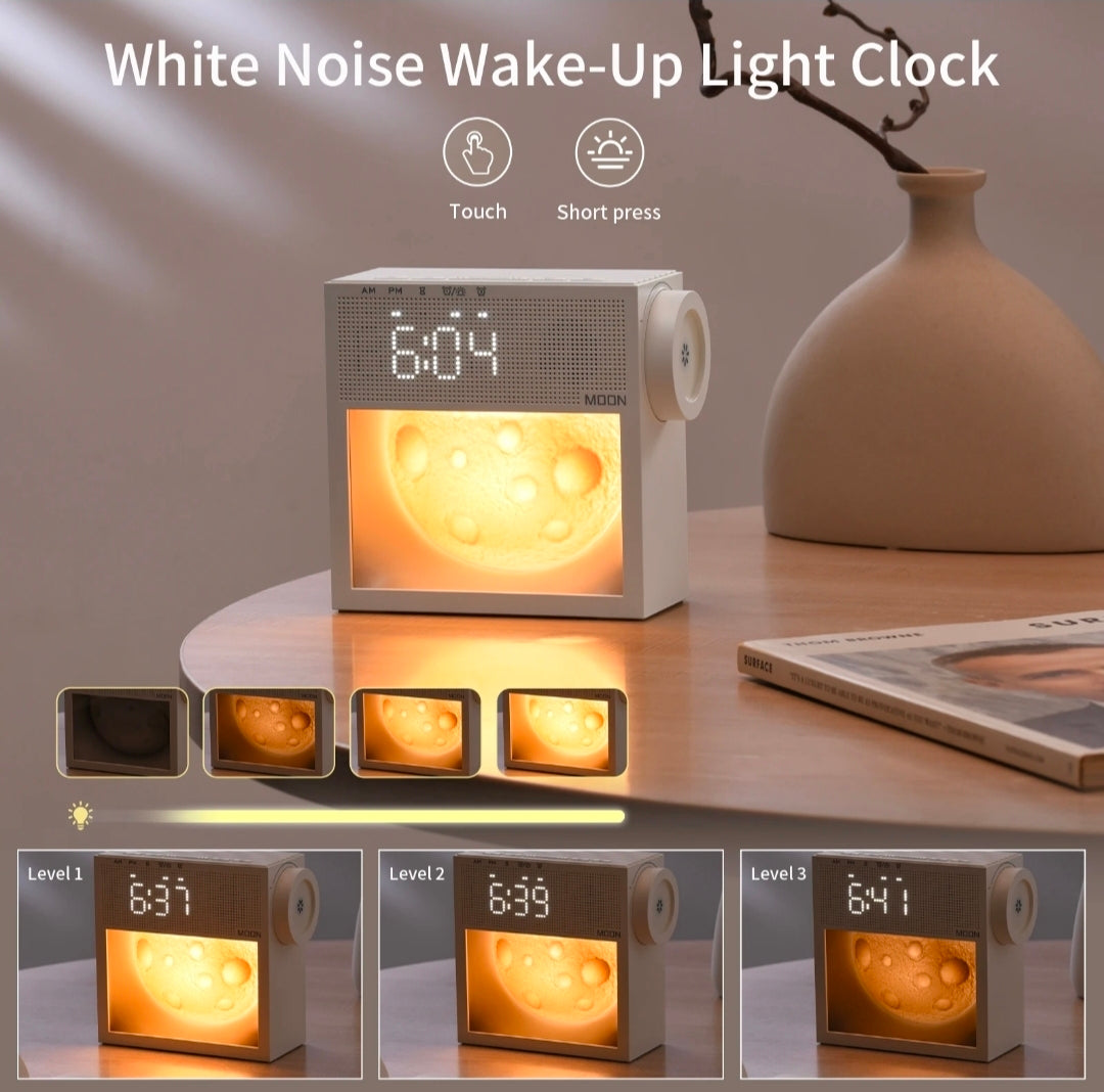 5-in-1 Multifunctional White Noise Bedside Clock – Smart Moon Wake-Up Light, Dual Alarm, 20 Natural Sounds Sleep Machine & Dimmable Ambiance Lamp