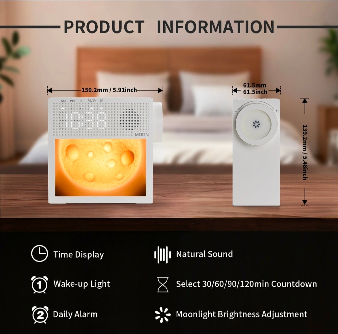 5-in-1 Multifunctional White Noise Bedside Clock – Smart Moon Wake-Up Light, Dual Alarm, 20 Natural Sounds Sleep Machine & Dimmable Ambiance Lamp