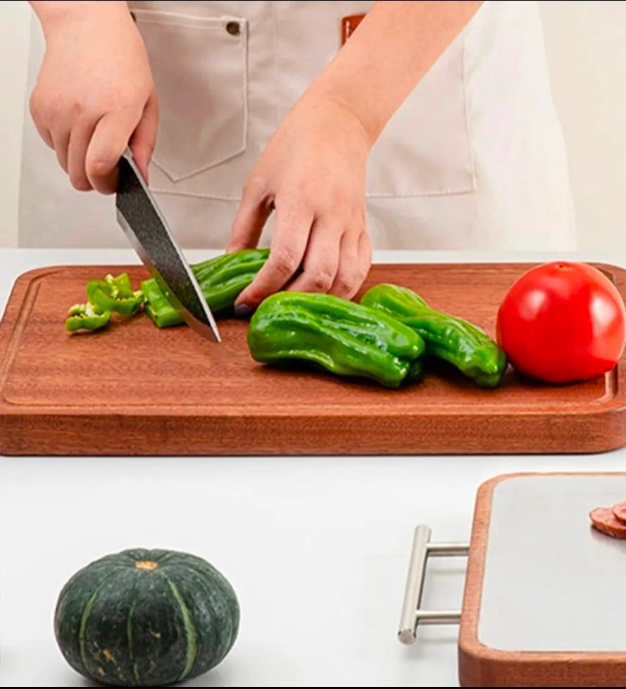 Reversible Premium Dual-Sided 304 Stainless Steel & Sapele Wood Cutting Board (39X28cmX1.8cm)